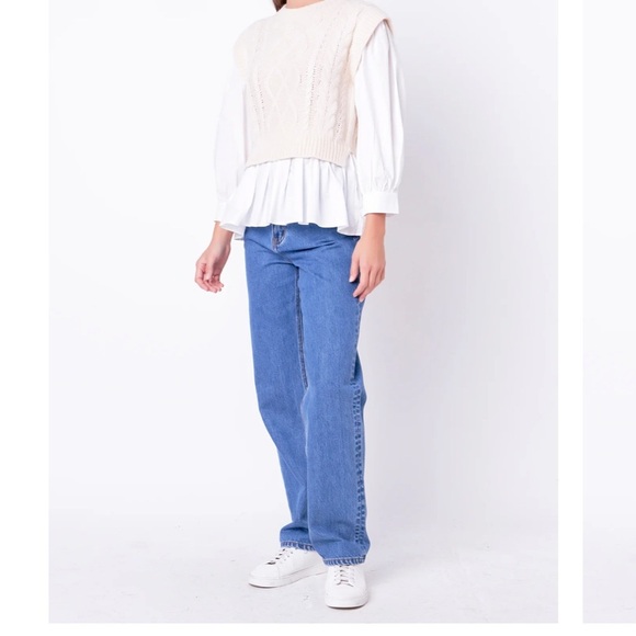 English Factory Mixed Media Cable Detail Sweater in Cream and White - Small - Picture 2 of 10